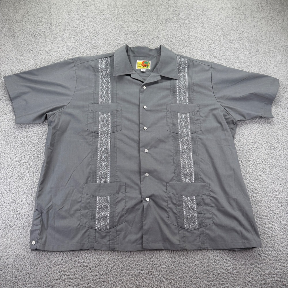 Haband Guayabera Mens XX Gray Short Sleeve Embroidered 4 Pocket Camp Shirt
